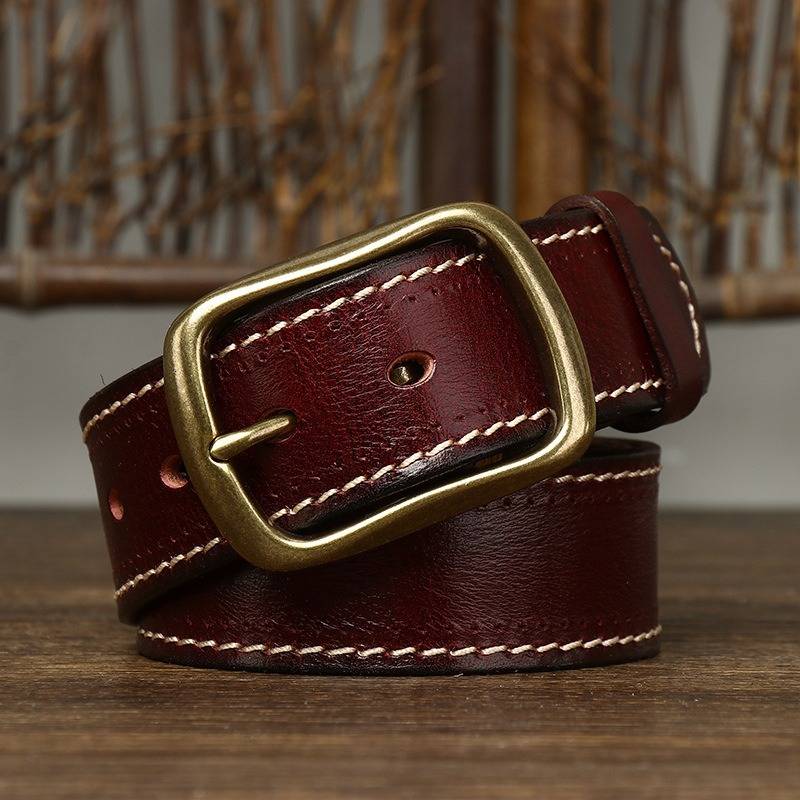 Vintage Double Stitching Finish Mens Belt with Solid Brass Buckle-1.5"