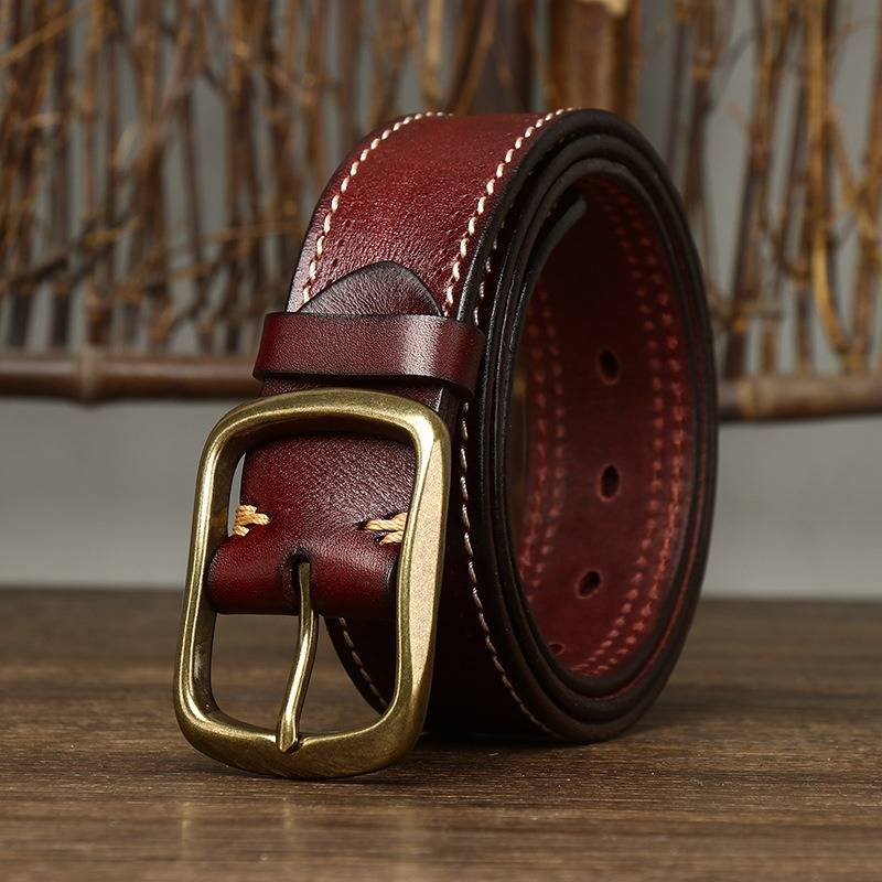 Vintage Double Stitching Finish Mens Belt with Solid Brass Buckle-1.5"