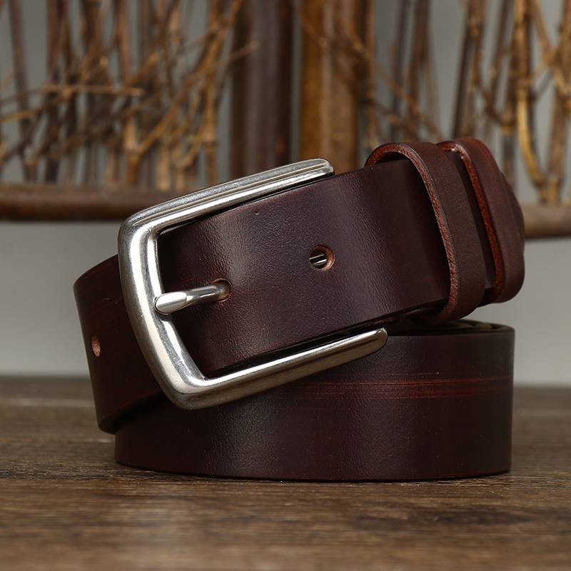 Thicken Bridle Wax Leather Mens Belt with Alloy Buckle-1.5"