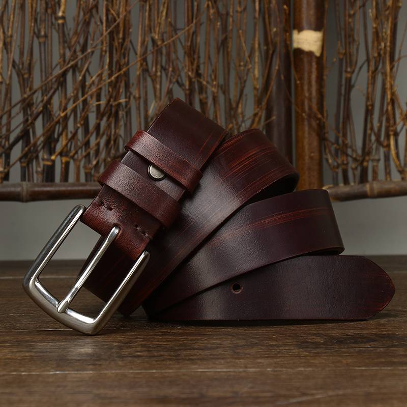 Thicken Bridle Wax Leather Mens Belt with Alloy Buckle-1.5"