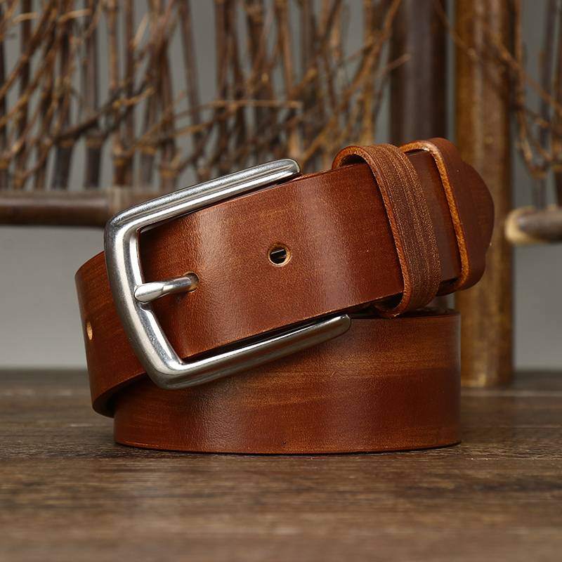 Thicken Bridle Wax Leather Mens Belt with Alloy Buckle-1.5"