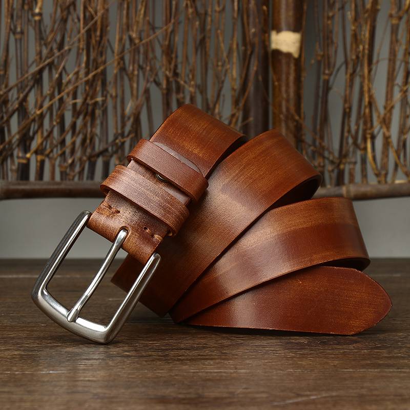 Thicken Bridle Wax Leather Mens Belt with Alloy Buckle-1.5"