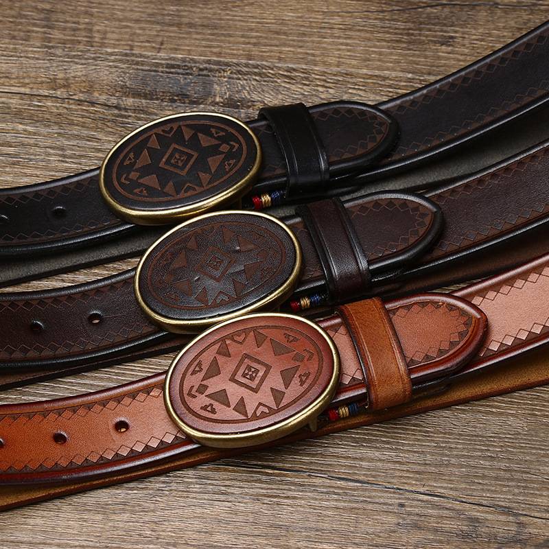 Vintage Engraved Mens Belt with Brass Plaque Buckle-1.5"