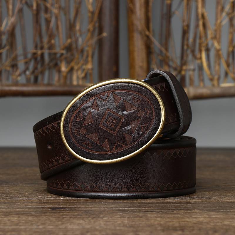 Vintage Engraved Mens Belt with Brass Plaque Buckle-1.5"