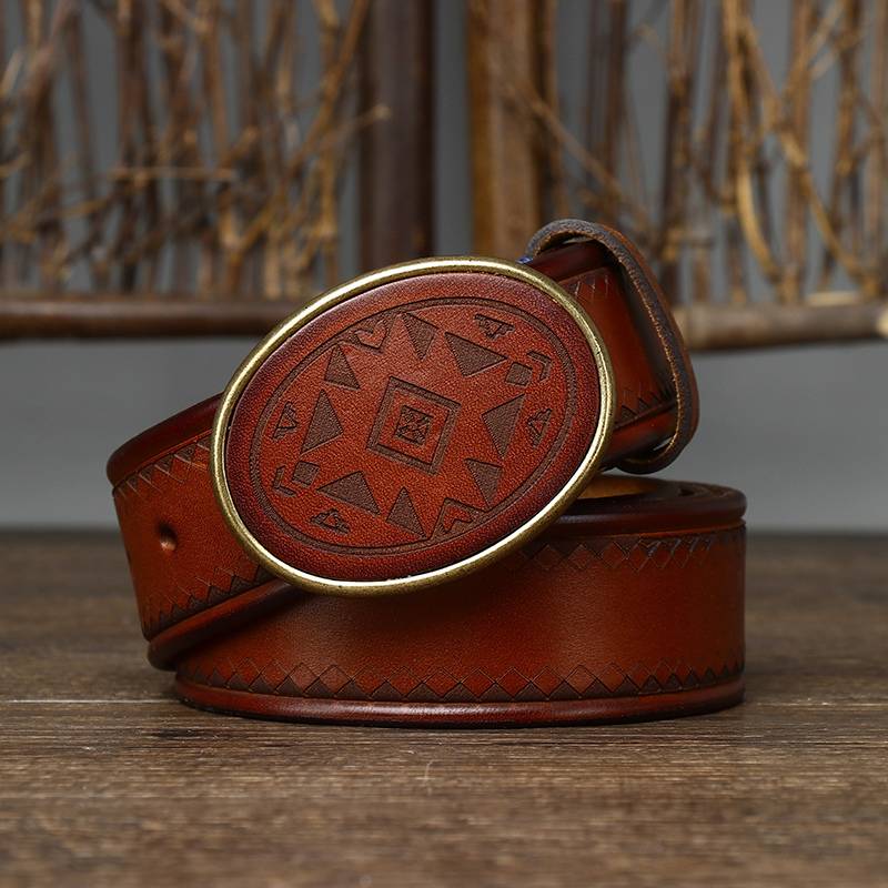 Vintage Engraved Mens Belt with Brass Plaque Buckle-1.5"